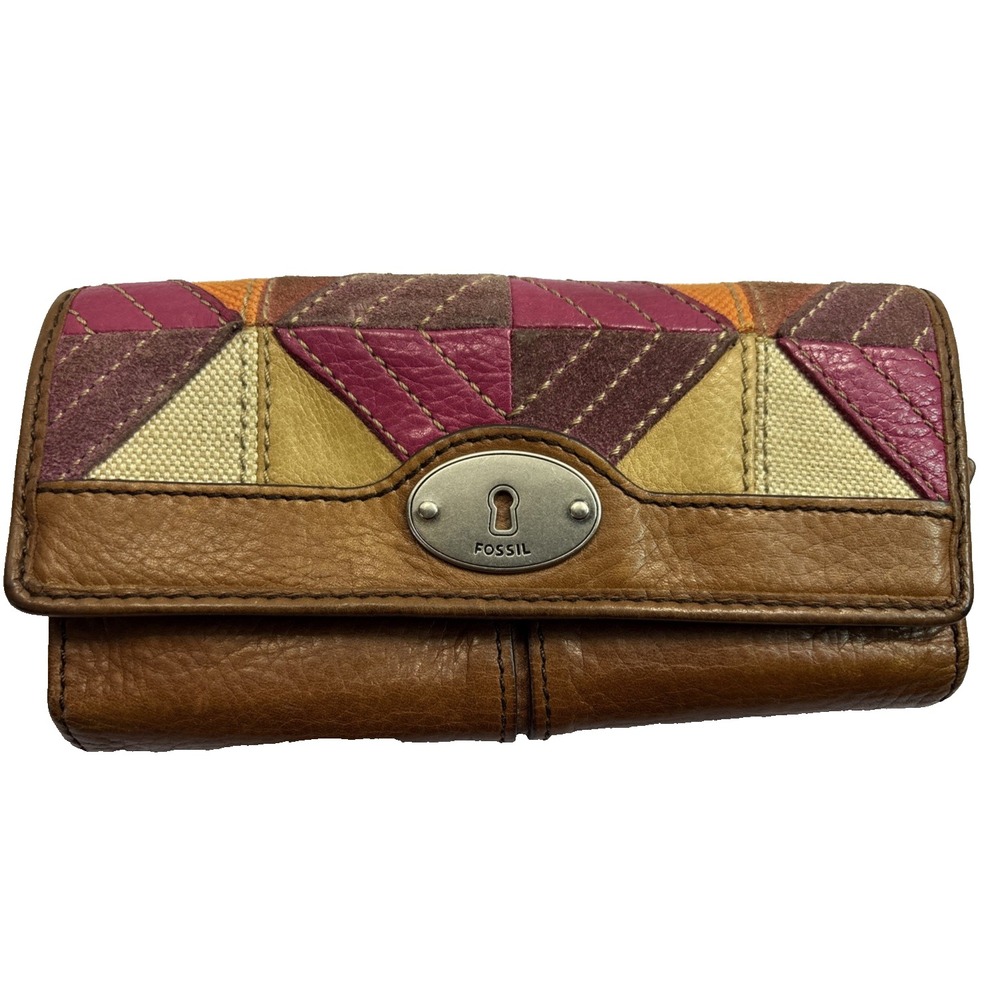 Vtg Fossil Brown Leather Multi Color Patchwork Key Bohemian Clutch Wallet Tri